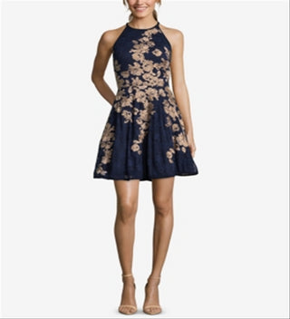 Xscape Women's Floral Sleeveless Halter Short Fit Flare Cocktail Dress Blue Size 10Petite