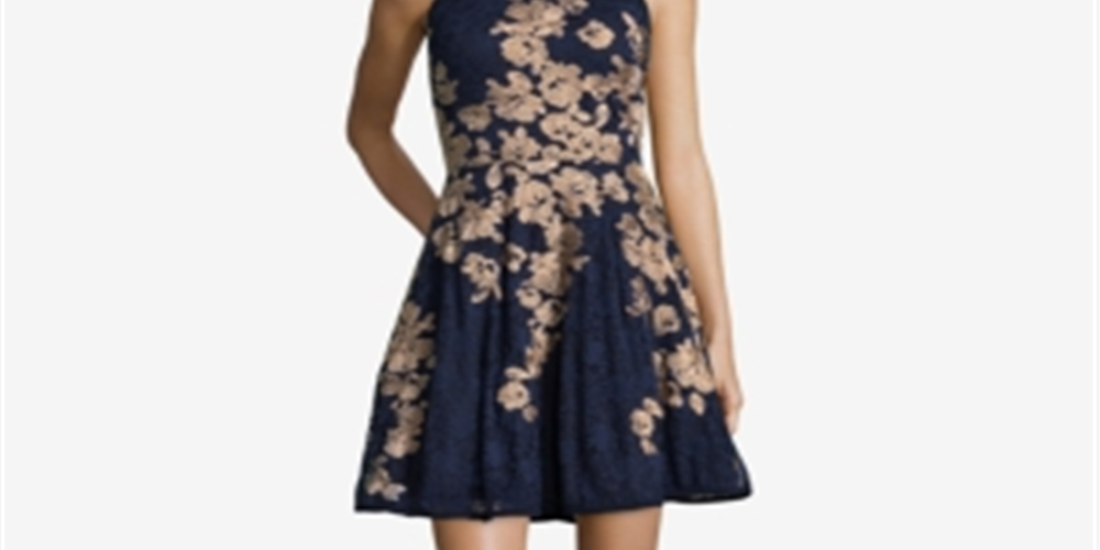 Xscape Women's Floral Sleeveless Halter Short Fit Flare Cocktail Dress Blue Size 10Petite