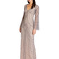 Adrianna Papell Women's Art Deco Beaded Dress with Long Bell Sleeves Mercury/Nude Size 14