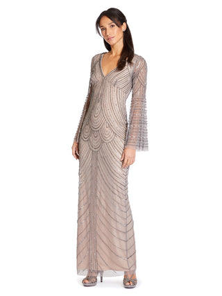 Adrianna Papell Women's Art Deco Beaded Dress with Long Bell Sleeves Mercury/Nude Size 14