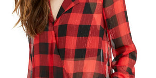 Bar III Women's Metallic Plaid Bodysuit  Red Size Small