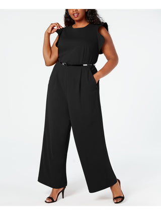 Calvin Klein Women's  Belted Ruffled Zippered Sleeveless Jewel Neck Wide Leg Party Jumpsuit Black Size 14W