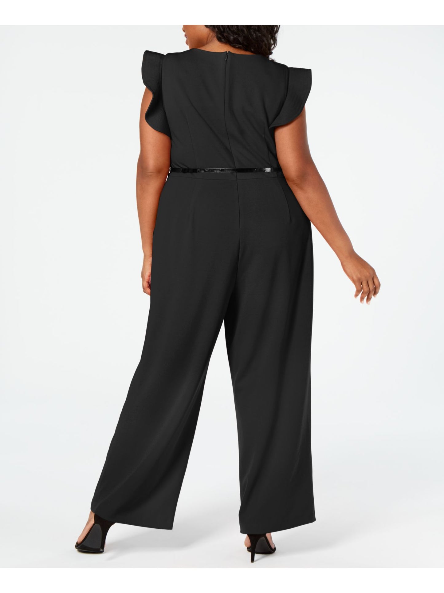 Calvin Klein Women's  Belted Ruffled Zippered Sleeveless Jewel Neck Wide Leg Party Jumpsuit Black Size 14W