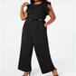 Calvin Klein Women's  Belted Ruffled Zippered Sleeveless Jewel Neck Wide Leg Party Jumpsuit Black Size 14W