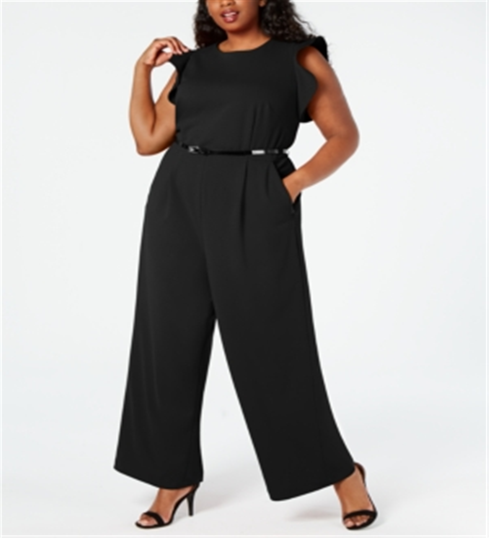 Calvin Klein Women's  Belted Ruffled Zippered Sleeveless Jewel Neck Wide Leg Party Jumpsuit Black Size 14W