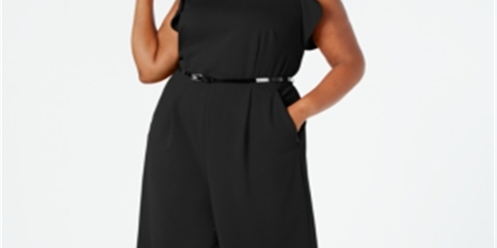 Calvin Klein Women's  Belted Ruffled Zippered Sleeveless Jewel Neck Wide Leg Party Jumpsuit Black Size 14W