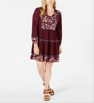 Style & Co Women's Printed Mesh Peasant Dress Red Size Petite