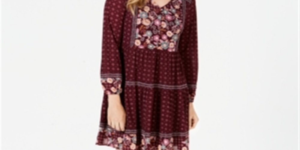 Style & Co Women's Printed Mesh Peasant Dress Red Size Petite