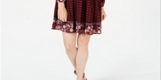 Style & Co Women's Printed Mesh Peasant Dress Red Size Petite