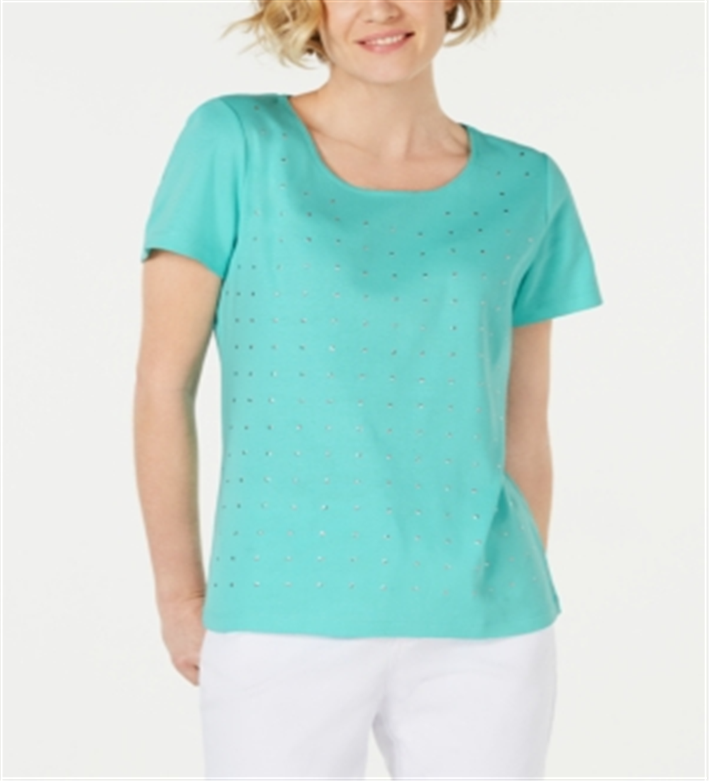 Karen Scott Women's Cotton Embellished Scoop Neck Top -Blue Size S