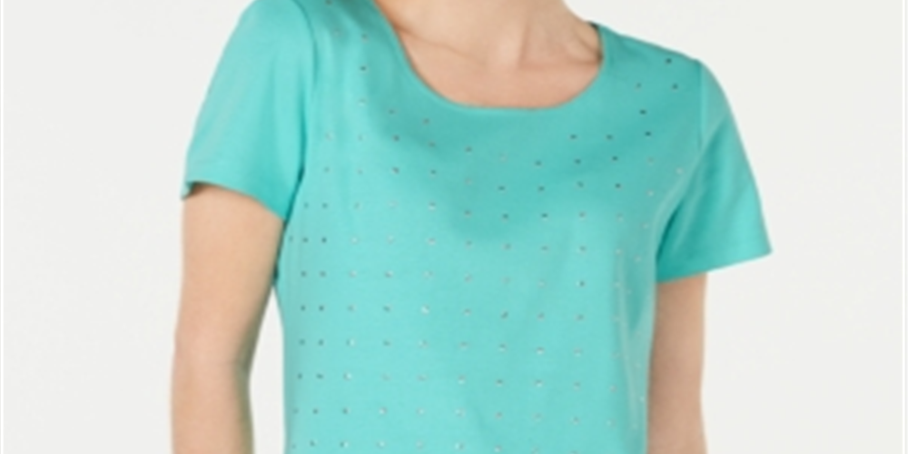 Karen Scott Women's Cotton Embellished Scoop Neck Top -Blue Size S