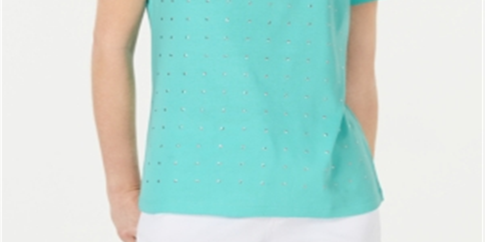 Karen Scott Women's Cotton Embellished Scoop Neck Top -Blue Size S