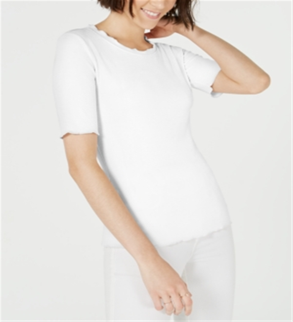 Maison Jules Women's Crewneck Elbow-Sleeve Top Bright White Size Small