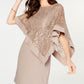 R M Richards Petite Women's  Sequined Lace Cape Overlay Short Sleeve Boat Neck Short Party Sheath Dress Petites Taupe Size 14 P