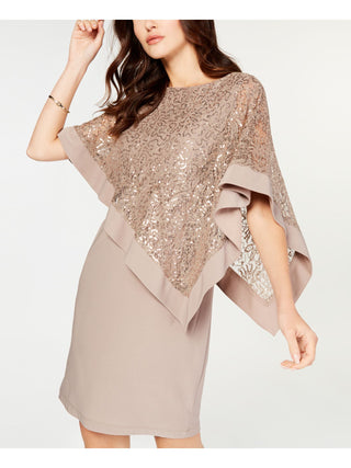 R M Richards Petite Women's  Sequined Lace Cape Overlay Short Sleeve Boat Neck Short Party Sheath Dress Petites Taupe Size 14 P