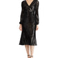 Ralph Lauren Women's  Sequined Long Sleeve V Neck MIDI Faux Wrap Cocktail Dress Black Size 12