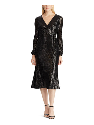 Ralph Lauren Women's  Sequined Long Sleeve V Neck MIDI Faux Wrap Cocktail Dress Black Size 12