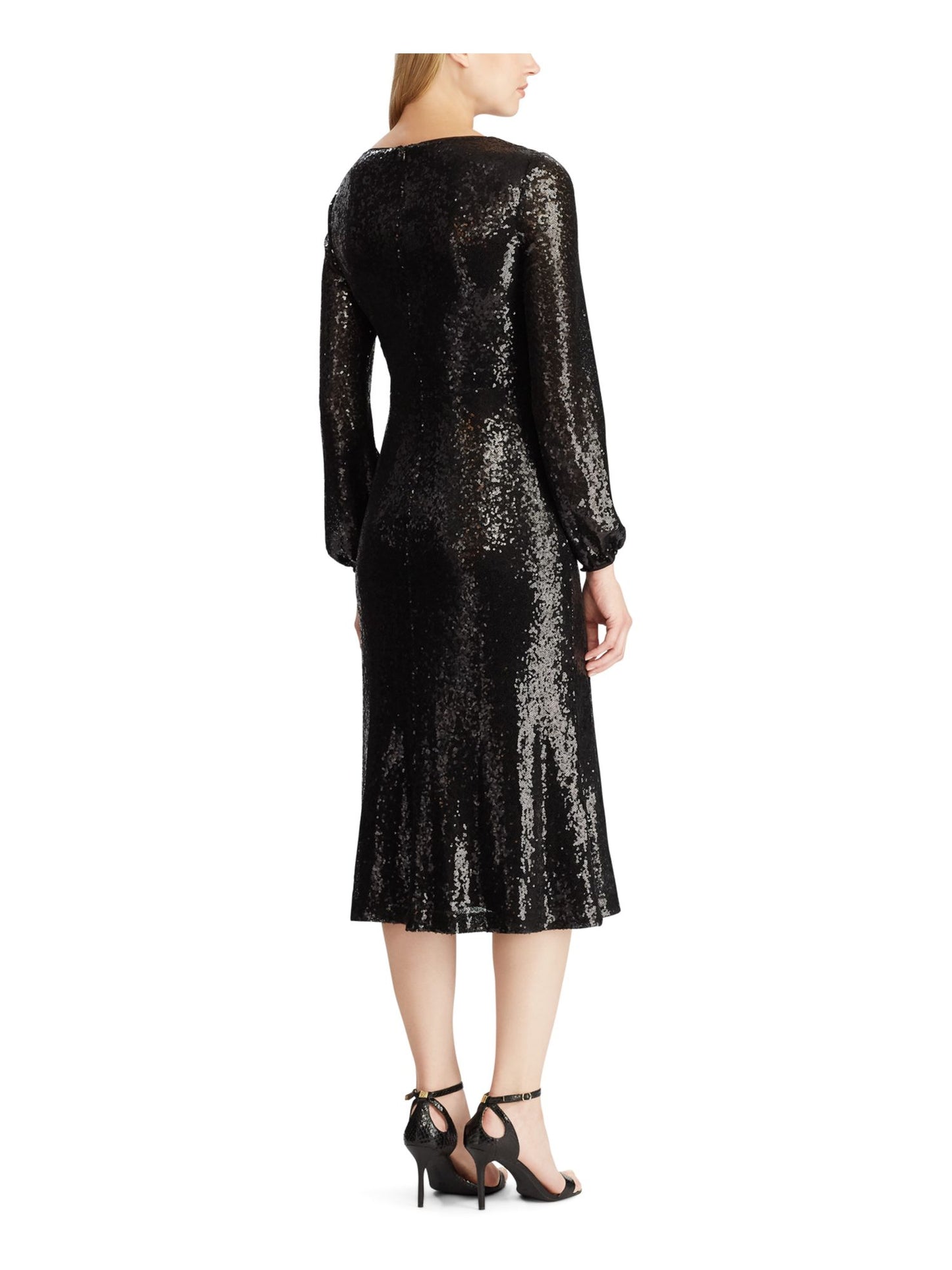 Ralph Lauren Women's  Sequined Long Sleeve V Neck MIDI Faux Wrap Cocktail Dress Black Size 12