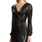 Ralph Lauren Women's  Sequined Long Sleeve V Neck MIDI Faux Wrap Cocktail Dress Black Size 12