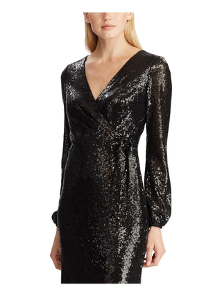 Ralph Lauren Women's  Sequined Long Sleeve V Neck MIDI Faux Wrap Cocktail Dress Black Size 12