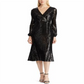 Ralph Lauren Women's  Sequined Long Sleeve V Neck MIDI Faux Wrap Cocktail Dress Black Size 12