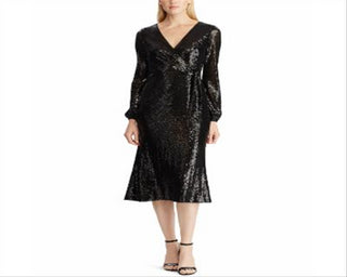 Ralph Lauren Women's  Sequined Long Sleeve V Neck MIDI Faux Wrap Cocktail Dress Black Size 12