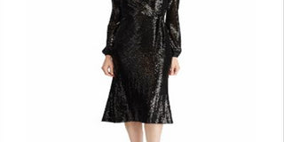 Ralph Lauren Women's  Sequined Long Sleeve V Neck MIDI Faux Wrap Cocktail Dress Black Size 12