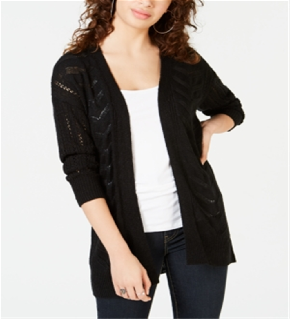 Hippie Rose Juniors' Pointelle Cardigan Black Size Medium