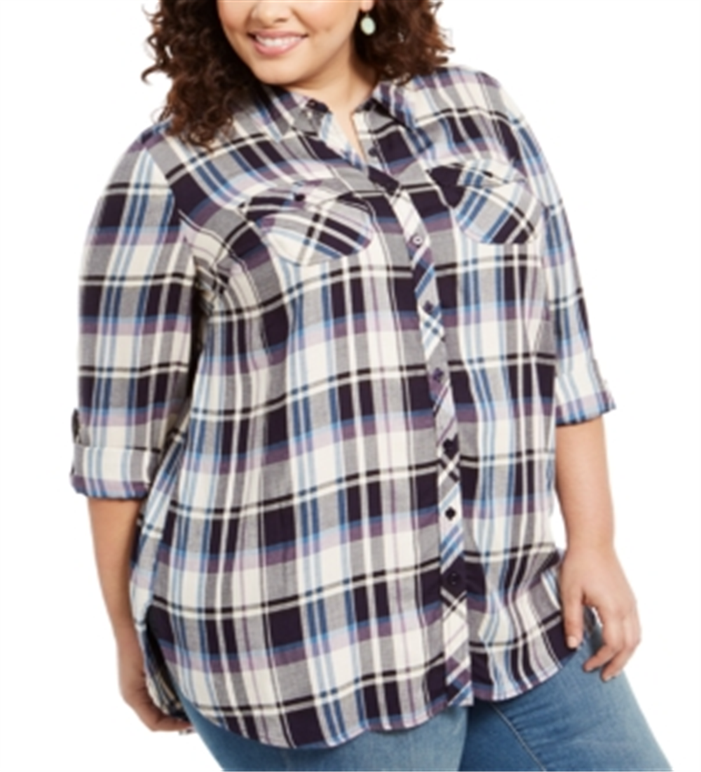 Style & Co Women's Plus Size Plaid Utility Shirt White Combo Size 2X
