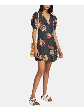 Free People Women's Zippered Floral Short Sleeve V Neck Above the Knee Fit Flare Dress Black Size 0