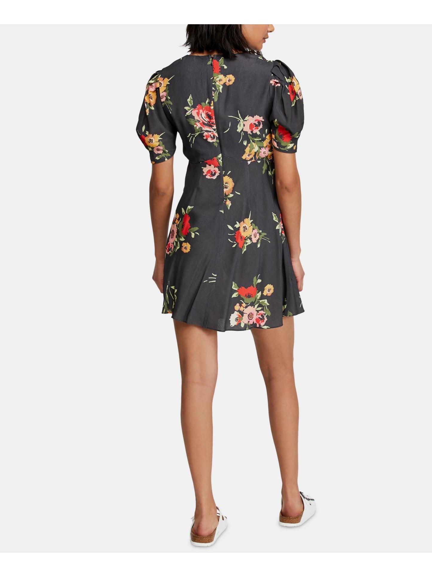 Free People Women's Zippered Floral Short Sleeve V Neck Above the Knee Fit Flare Dress Black Size 0
