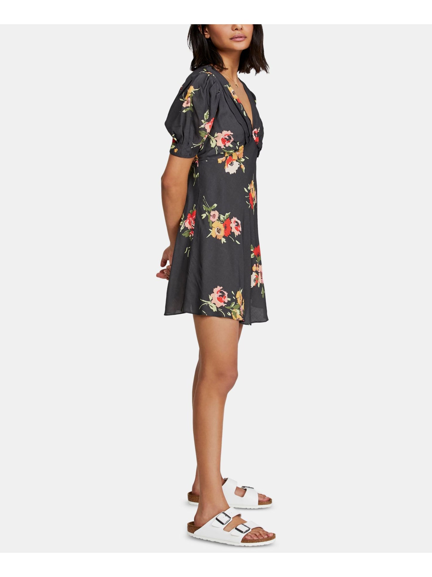 Free People Women's Zippered Floral Short Sleeve V Neck Above the Knee Fit Flare Dress Black Size 0