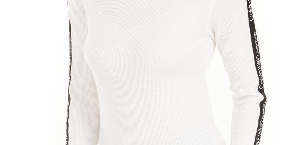 Calvin Klein Women's Logo-Stripe Mock-Neck T-Shirt Cloud Size  L
