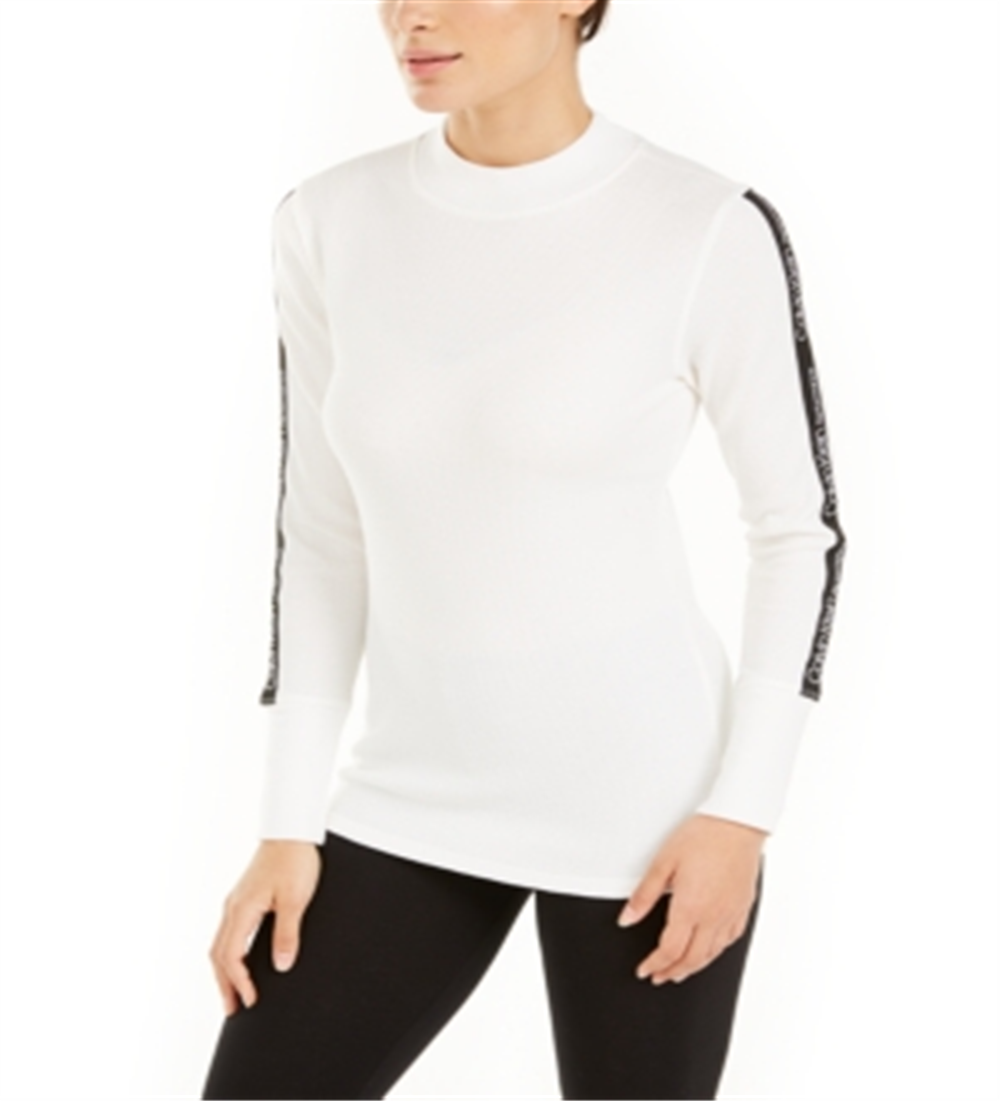 Calvin Klein Women's Logo-Stripe Mock-Neck T-Shirt Cloud Size  L