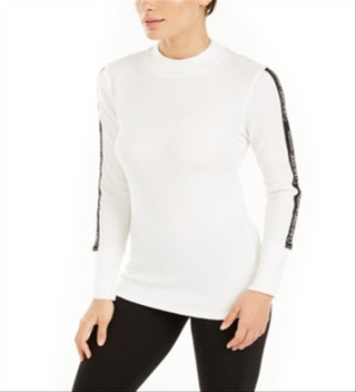 Calvin Klein Women's Logo-Stripe Mock-Neck T-Shirt Cloud Size  L