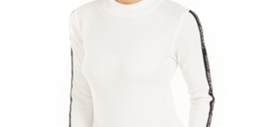 Calvin Klein Women's Logo-Stripe Mock-Neck T-Shirt Cloud Size  L