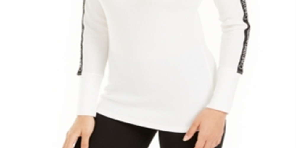 Calvin Klein Women's Logo-Stripe Mock-Neck T-Shirt Cloud Size  L