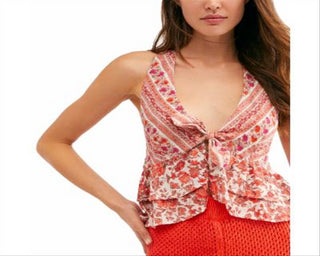 Free People Women's Blouse Knit Tie Front Racerback Red Size Small