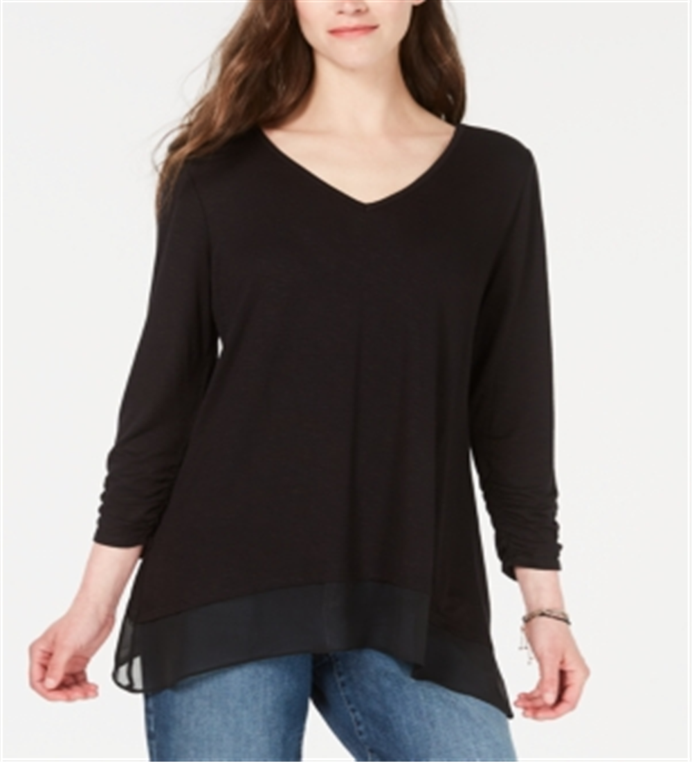 Style & Co Women's Chiffon Hem Top Black Size Petite M