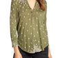 Lucky Brand Women's 3/4 Sleeve Printed Henley Top Green Size Medium