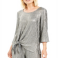 JM Collection Women's Metallic Crinkle Tie-Hem Top  Silver Size XS