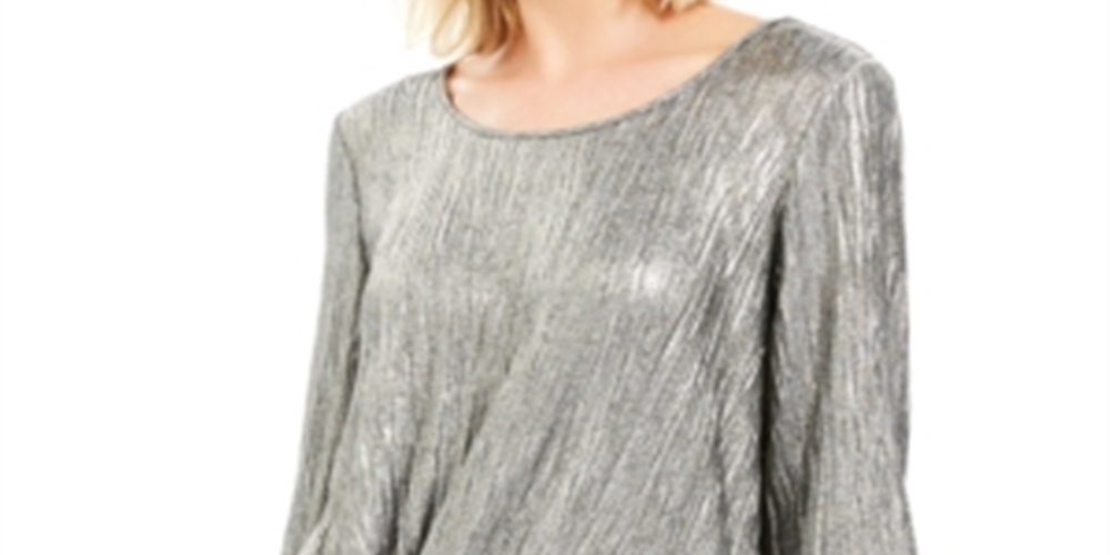 JM Collection Women's Metallic Crinkle Tie-Hem Top  Silver Size XS