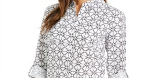 Charter Club Women's Printed Tab-Sleeve Shirt  White Size Large
