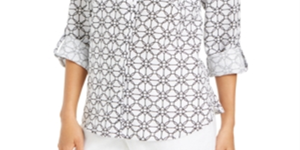 Charter Club Women's Printed Tab-Sleeve Shirt  White Size Large