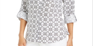 Charter Club Women's Printed Tab-Sleeve Shirt  White Size Large