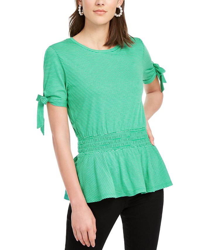 Maison Jules Women's Tie Sleeves Peplum Pullover Top Green Size Small