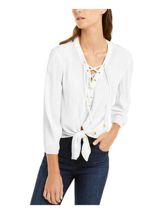 INC Women's Lace-up Tie Front Blouse White Size Small