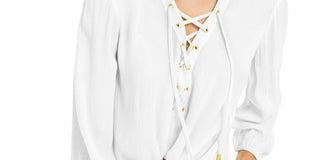 INC Women's Lace-up Tie Front Blouse White Size Small