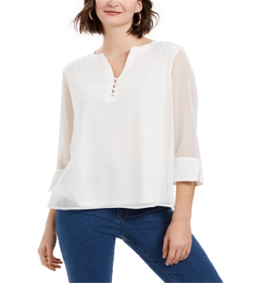 Charter Club Women's Sheer Sleeve Top White Size Petite L