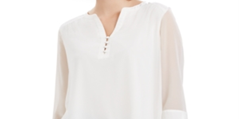 Charter Club Women's Sheer Sleeve Top White Size Petite L